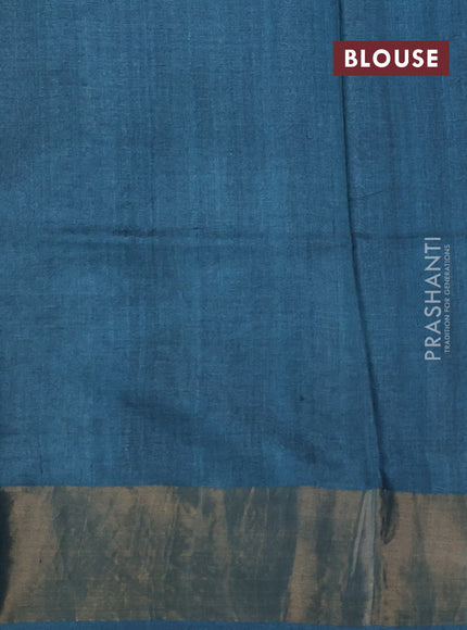 Pure tussar silk saree peacock blue with allover leheriya prints and zari woven border