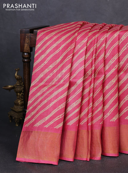 Pure tussar silk saree tomato pink with allover leheriya prints and zari woven border