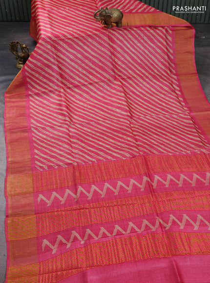 Pure tussar silk saree tomato pink with allover leheriya prints and zari woven border