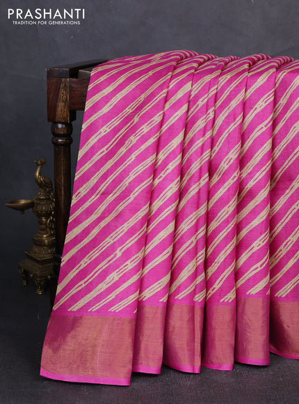 Pure tussar silk saree pink with allover leheriya prints and zari woven border