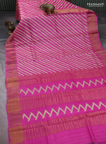 Pure tussar silk saree pink with allover leheriya prints and zari woven border