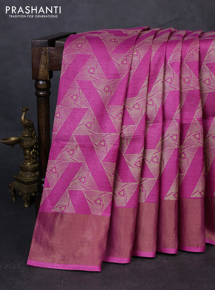 Pure tussar silk saree pink with allover geometric prints and zari woven border