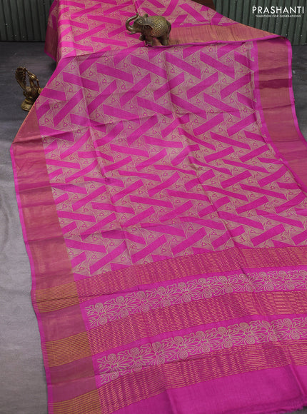 Pure tussar silk saree pink with allover geometric prints and zari woven border