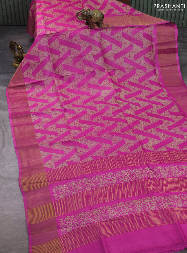 Pure tussar silk saree pink with allover geometric prints and zari woven border