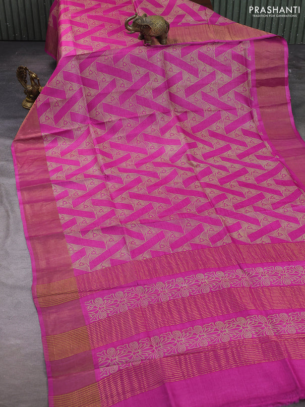 Pure tussar silk saree pink with allover geometric prints and zari woven border