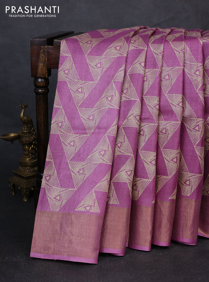 Pure tussar silk saree mauve pink with allover geometric prints and zari woven border