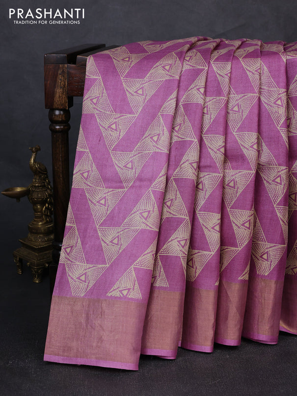 Pure tussar silk saree mauve pink with allover geometric prints and zari woven border