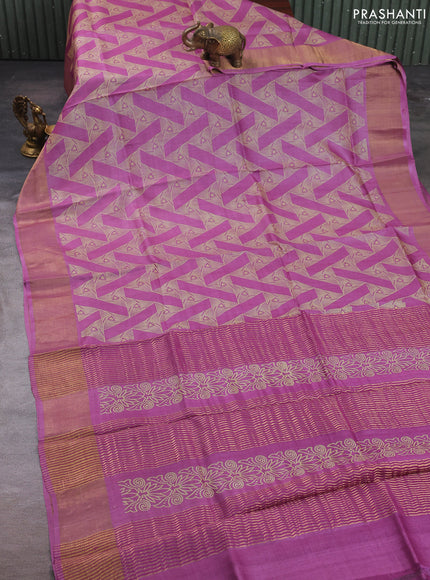Pure tussar silk saree mauve pink with allover geometric prints and zari woven border