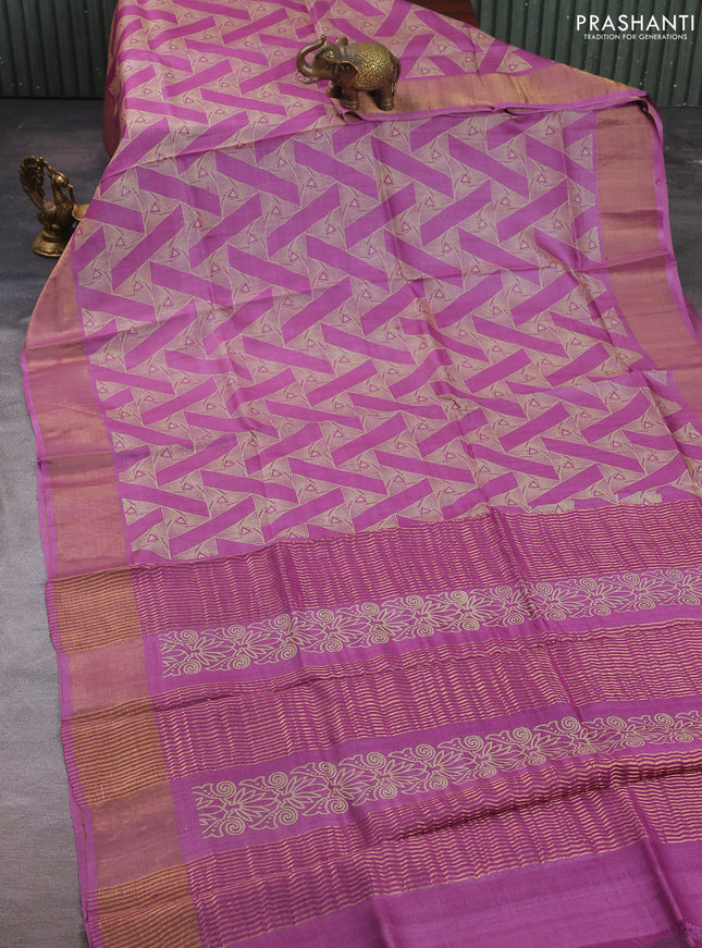 Pure tussar silk saree mauve pink with allover geometric prints and zari woven border