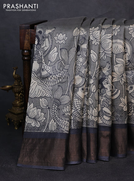 Pure tussar silk saree grey and black with kalamkari prints and zari woven border