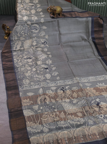 Pure tussar silk saree grey and black with kalamkari prints and zari woven border