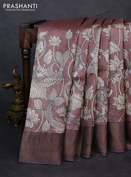 Pure tussar silk saree pastel brown and brown with kalamkari prints and zari woven border