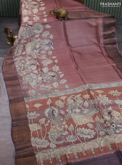 Pure tussar silk saree pastel brown and brown with kalamkari prints and zari woven border