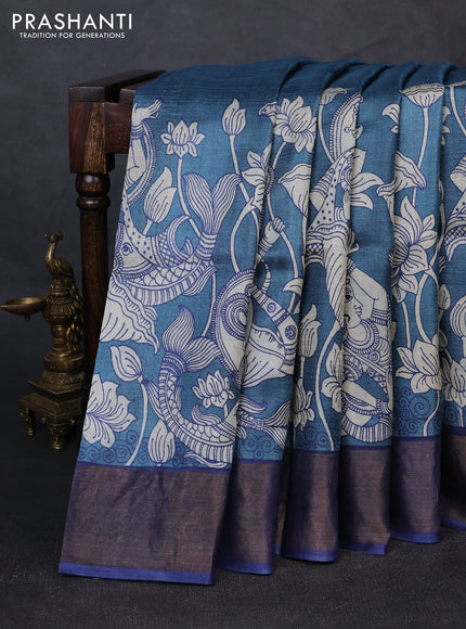 Pure tussar silk saree peacock blue and blue with kalamkari prints and zari woven border