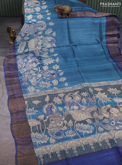 Pure tussar silk saree peacock blue and blue with kalamkari prints and zari woven border