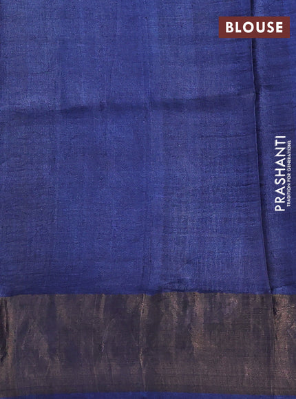 Pure tussar silk saree peacock blue and blue with kalamkari prints and zari woven border