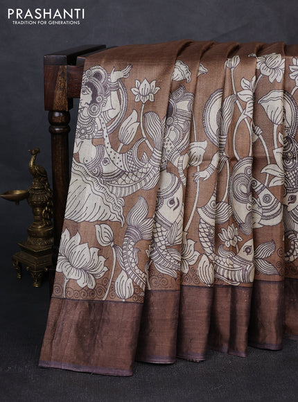 Pure tussar silk saree brown shade and coffee brown with kalamkari prints and zari woven border