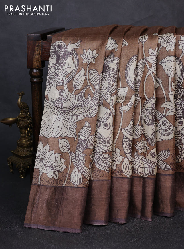Pure tussar silk saree brown shade and coffee brown with kalamkari prints and zari woven border