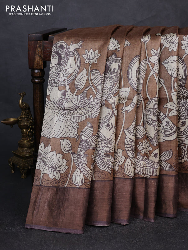 Pure tussar silk saree brown shade and coffee brown with kalamkari prints and zari woven border