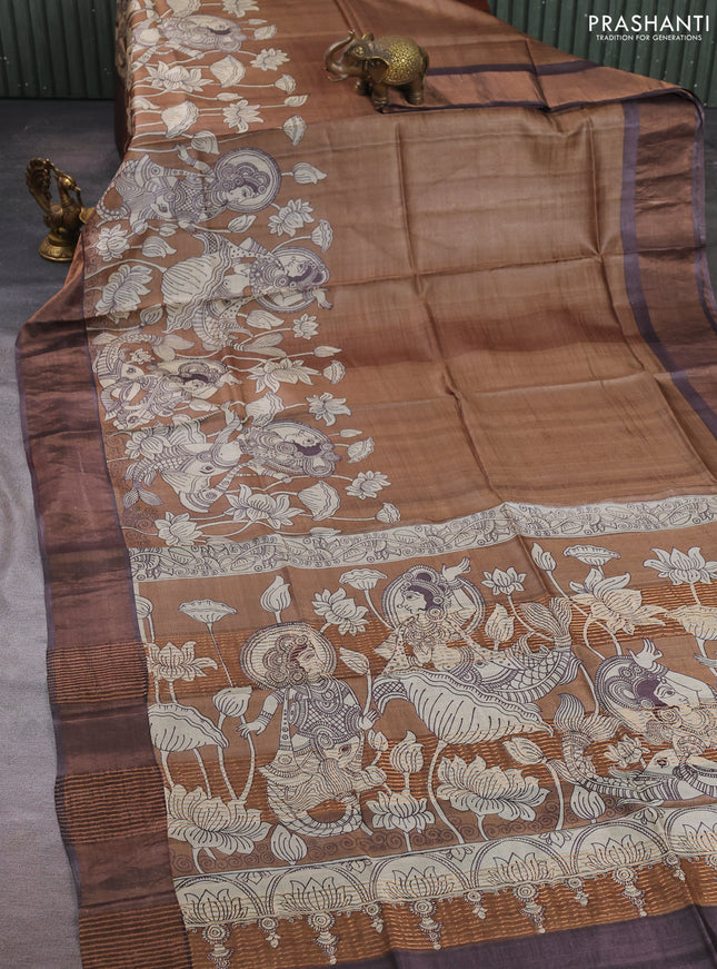 Pure tussar silk saree brown shade and coffee brown with kalamkari prints and zari woven border
