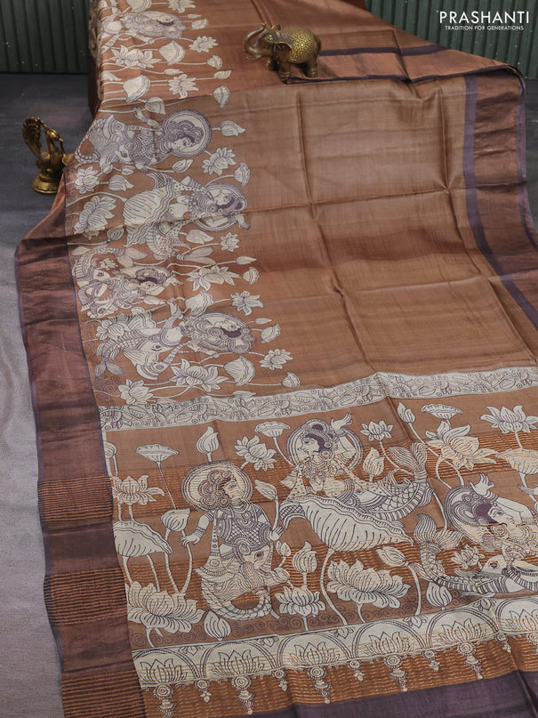 Pure tussar silk saree brown shade and coffee brown with kalamkari prints and zari woven border