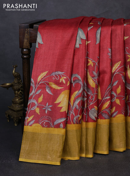Pure tussar silk saree red and mustard yellow with allover prints and zari woven border