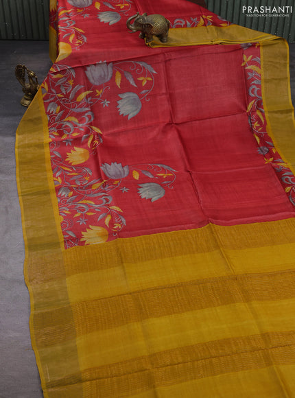 Pure tussar silk saree red and mustard yellow with allover prints and zari woven border