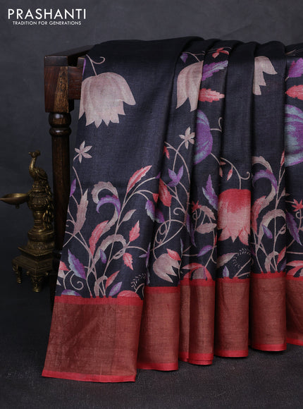 Pure tussar silk saree black and maroon with floral prints and zari woven border