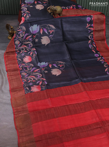 Pure tussar silk saree black and maroon with floral prints and zari woven border