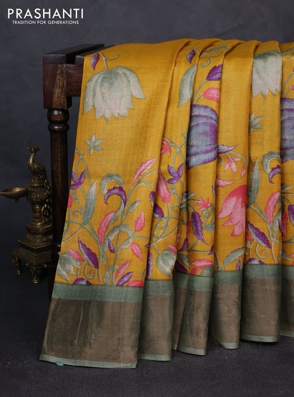 Pure tussar silk saree mustard yellow and pastel green with floral prints and zari woven border