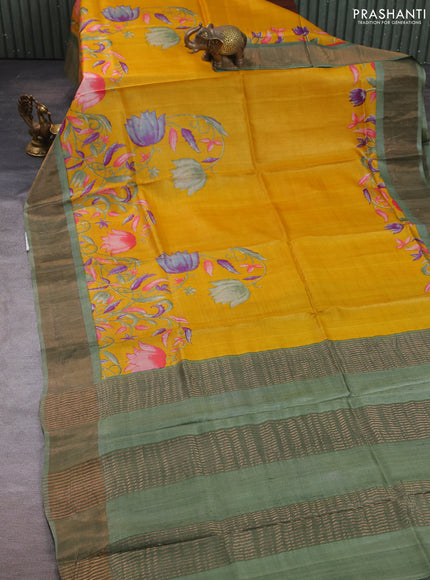 Pure tussar silk saree mustard yellow and pastel green with floral prints and zari woven border