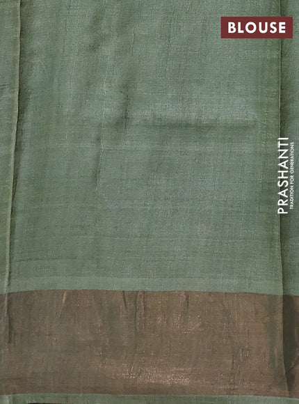 Pure tussar silk saree mustard yellow and pastel green with floral prints and zari woven border