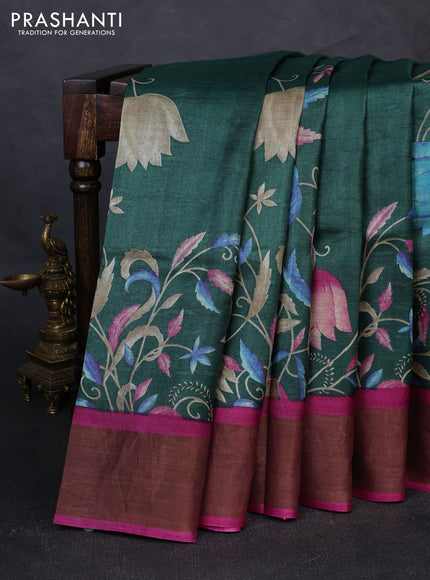 Pure tussar silk saree bottle green and magenta pink with floral prints and zari woven border
