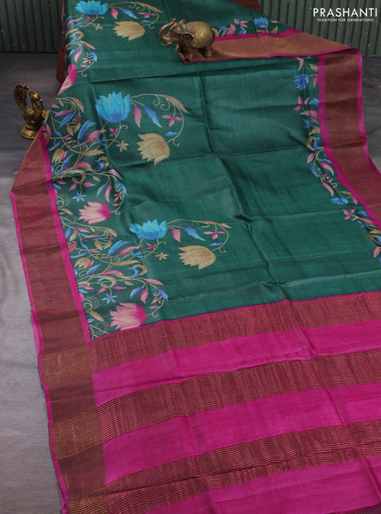 Pure tussar silk saree bottle green and magenta pink with floral prints and zari woven border