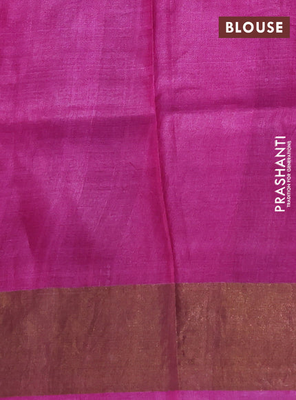 Pure tussar silk saree bottle green and magenta pink with floral prints and zari woven border