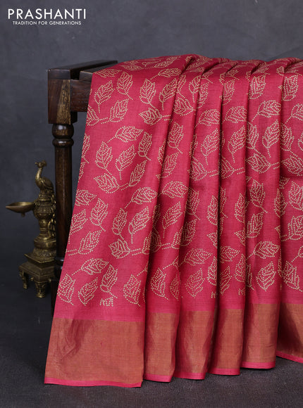 Pure tussar silk saree pink shade with allover leaf prints and zari woven border