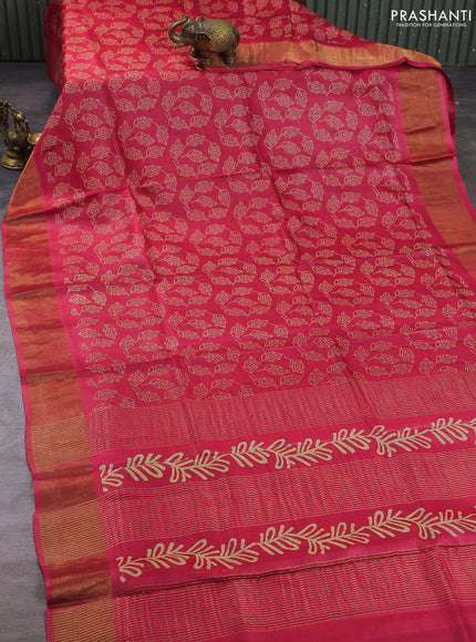 Pure tussar silk saree pink shade with allover leaf prints and zari woven border
