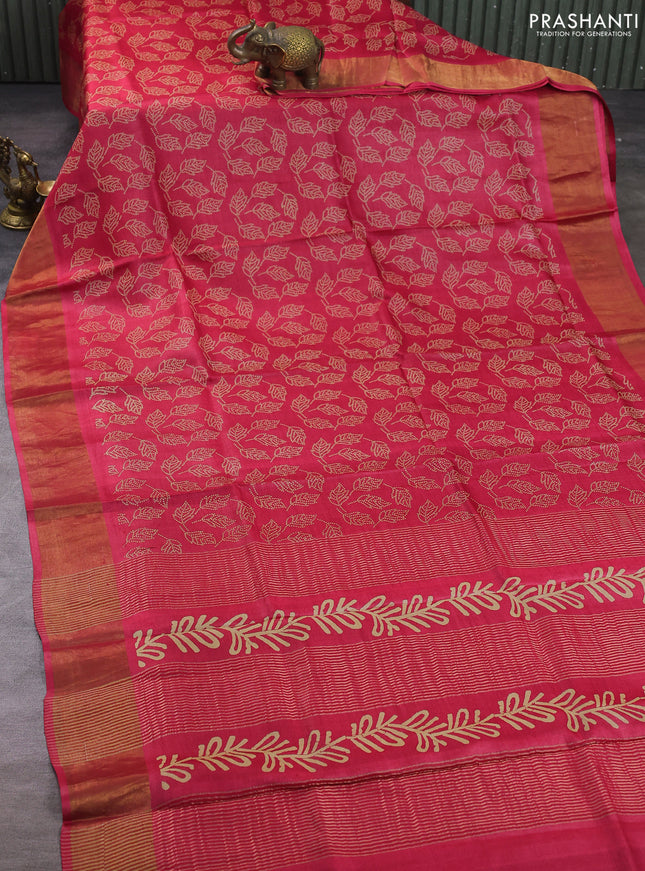 Pure tussar silk saree pink shade with allover leaf prints and zari woven border