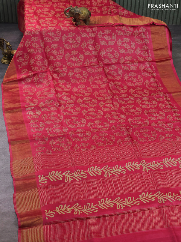 Pure tussar silk saree pink shade with allover leaf prints and zari woven border