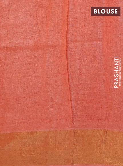 Pure tussar silk saree peach orange with allover leaf prints and zari woven border