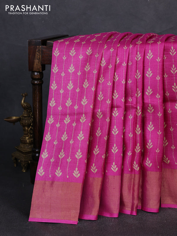 Pure tussar silk saree pink with allover prints and zari woven border