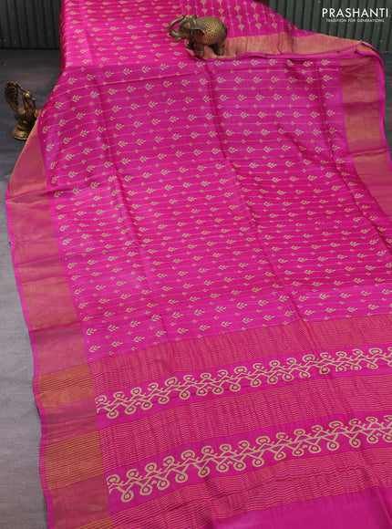 Pure tussar silk saree pink with allover prints and zari woven border