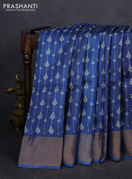 Pure tussar silk saree blue with allover prints and zari woven border