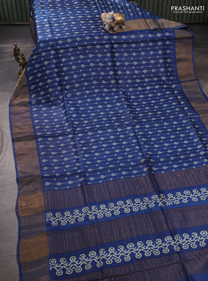 Pure tussar silk saree blue with allover prints and zari woven border