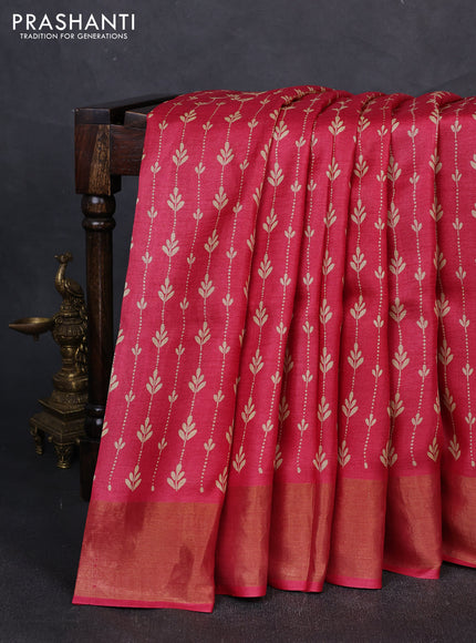Pure tussar silk saree pink shade with allover prints and zari woven border