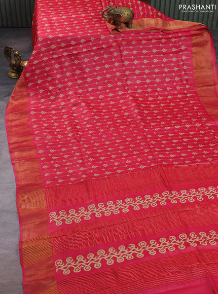 Pure tussar silk saree pink shade with allover prints and zari woven border