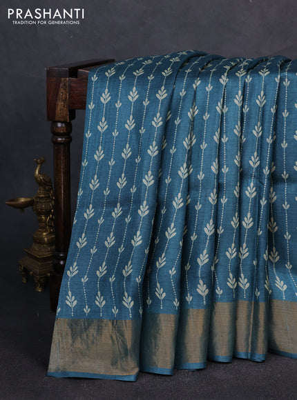 Pure tussar silk saree peacock green with allover prints and zari woven border