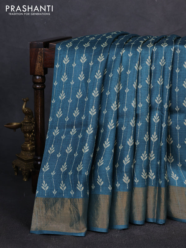 Pure tussar silk saree peacock green with allover prints and zari woven border