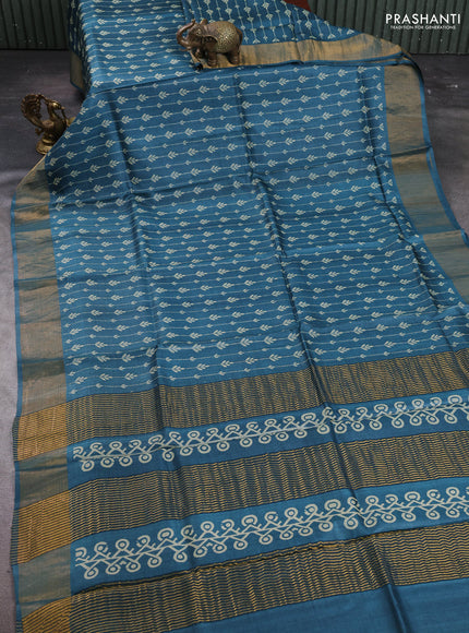 Pure tussar silk saree peacock green with allover prints and zari woven border