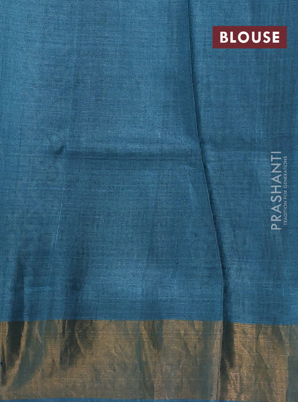 Pure tussar silk saree peacock green with allover prints and zari woven border